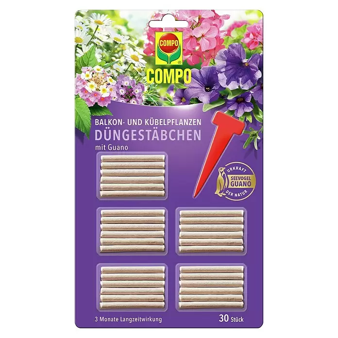 Compo Universaldünger - 30 Stk. - COMPO Düngestäbchen mit Guano für Balkonpflanzen. Lila Packung mit Blumen, enthält 30 helle Stäbchen für 3 Monate Wirkung.