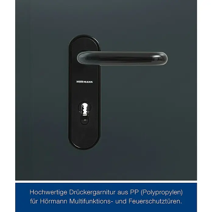 Hörmann Mehrzwecktür mit Lichtausschnitt - 87,5 x 200 cm, DIN Anschlag: Links/Rechts, Anthrazitgrau - Hochwertige Drückergarnitur aus PP (Polypropylen) für Hörmann Multifunktions- und Feuerschutztüren.