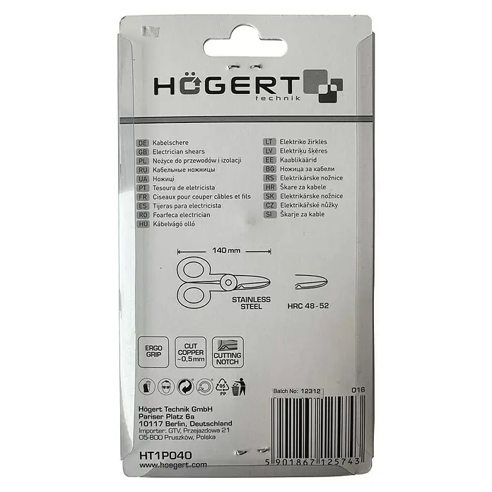 Kabelschere - Blau/Schwarz - Högert Technik 140mm Edelstahl-Elektrikerschere mit ergonomischem Griff und Schneidkerbe, verpackt.