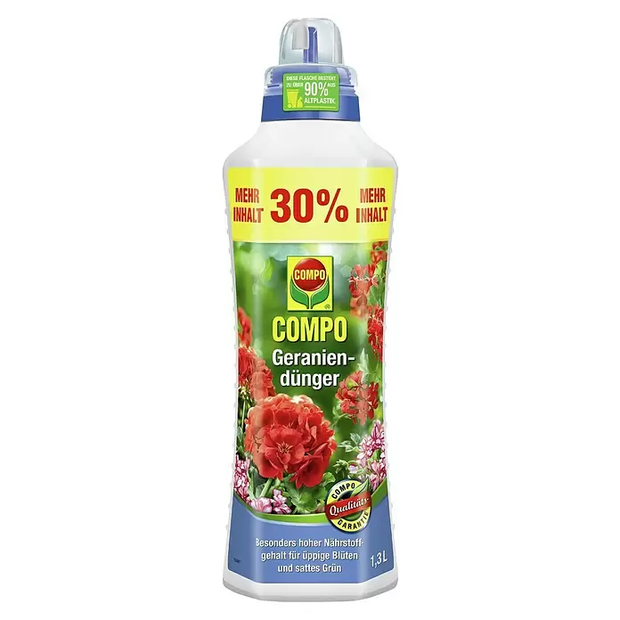 Compo Geraniendünger - 1,3 l - Weiße COMPO Geranien-Düngerflasche aus Kunststoff mit roten Geranien, 1,3L. Etikett: 90% Altplastik & 30% mehr Inhalt für üppige Blüten.
