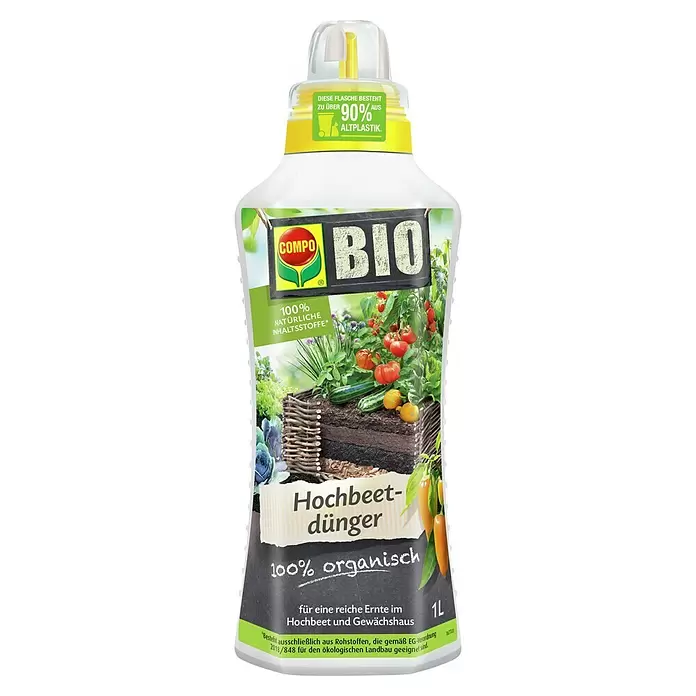 Compo Hochbeetdünger Bio - 1 l - Weiße 1L COMPO BIO Hochbeet-Düngerflasche mit gelbem Verschluss und Etikett, das 90% recycelten Kunststoff und organische Inhaltsstoffe hervorhebt.