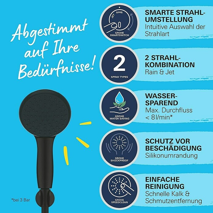 Grohe QuickFix Vitalio Start Brausegarnitur II WS8 (Art Strahl: Brauseregen, Jetstrahl, Schwarz, Kunststoff, Matt) | BAUHAUS