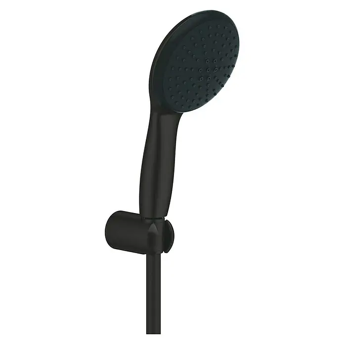 Grohe QuickFix Vitalio Start Brausegarnitur 110 2 - Art Strahl: Rain, Jet, Schwarz, Kunststoff, Matt - Nahaufnahme eines stilvollen, mattschwarzen Duschkopfs mit präzise angeordneten Düsen für ein luxuriöses Duscherlebnis.