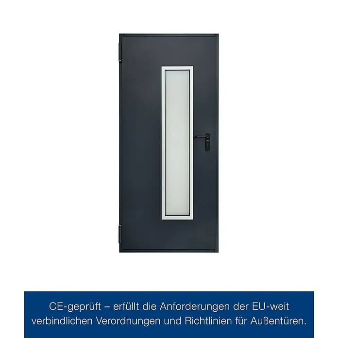 Hörmann Mehrzwecktür mit Lichtausschnitt - 87,5 x 200 cm, DIN Anschlag: Links/Rechts, Anthrazitgrau - Graue Außentür mit rechteckigem Glaseinsatz und silbernem Rahmen, geprüft nach EU-Normen, für den Außeneinsatz.