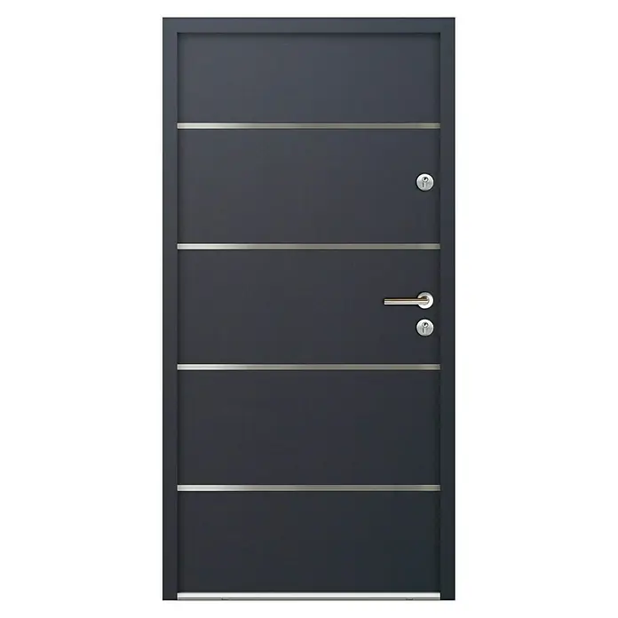 FM Türen Nebeneingangstür N68-02 - 110 x 207 cm, DIN Anschlag: Rechts, Anthrazit - Moderne dunkelgraue Tür mit horizontalen Metallstreifen, Griff und zwei Schließzylindern.