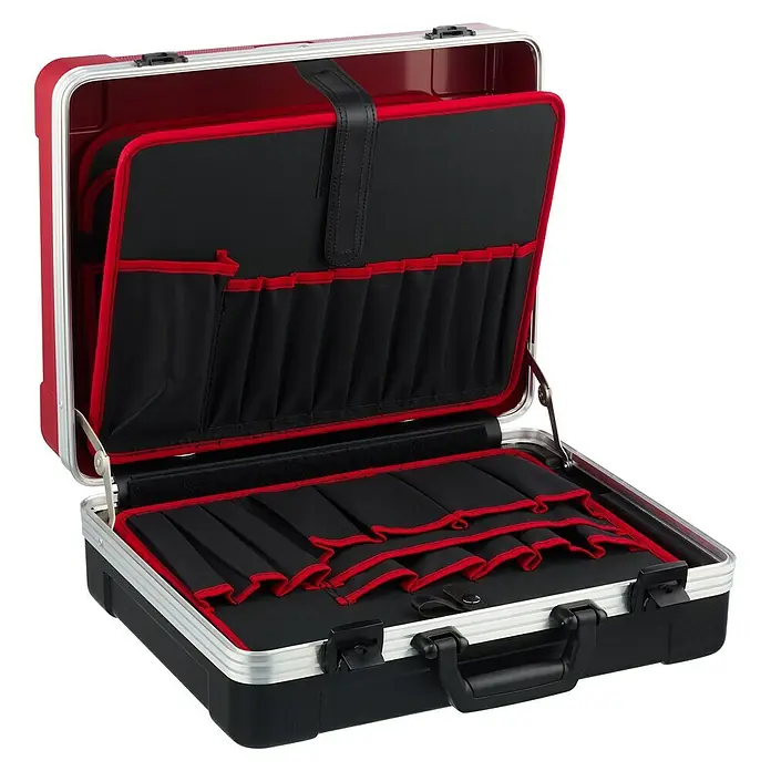 Gedore red Werkzeugkoffer - L x B x H: 180 x 445 x 380 mm, Kunststoff - Geöffneter Werkzeugkoffer mit roten und schwarzen Fächern. Der Koffer ist leer und zeigt seine Fächer zur Aufbewahrung von Werkzeugen.