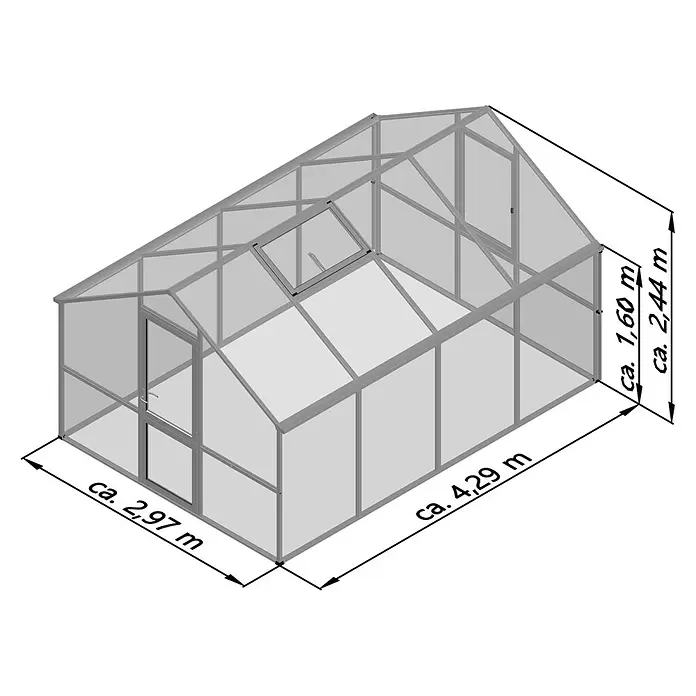 KGT Gewächshaus Nelke IV - Außenmaß inkl. Dachüberstand (B x T): 297 x 429 cm, Material Seitenwand: Kunststoff, 16 mm, Anthrazit-grau - Aluminium-Gewächshaus mit transparenten Paneelen, Tür und Dachfenster. Ca. 2,97m B x 4,29m L x 2,44m H.