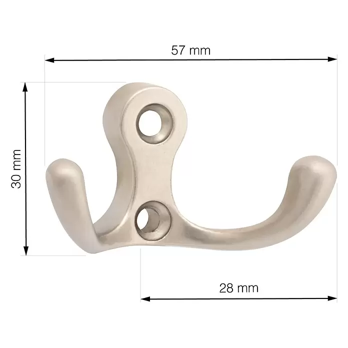 Walteco Garderobenhaken Romero II - L x B x H: 30 x 57 x 28 mm, Anzahl Haken: 2 Stk., Vernickelt matt - Doppel-Garderobenhaken aus gebürstetem Nickel, 57mm breit und 30mm hoch, mit zwei Befestigungslöchern.