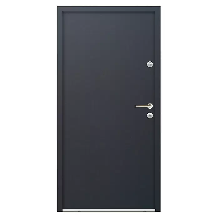 FM Türen Nebeneingangstür N68-00 - 100 x 200 cm, DIN Anschlag: Rechts, Anthrazit - Dunkelgraue Metall-Eingangstür mit gebürstetem Stahlgriff und zwei Sicherheitsschlössern.