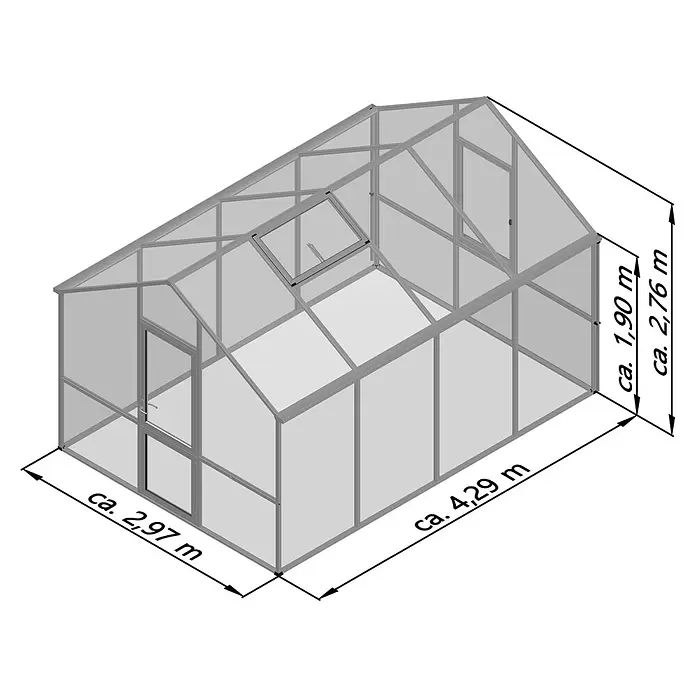 KGT Gewächshaus Dahlie IV - Außenmaß inkl. Dachüberstand (B x T): 297 x 429 cm, Material Seitenwand: Kunststoff, 16 mm, Anthrazit-grau - Gewächshaus aus grauem Metall und transparenten Platten; Maße: ca. 4,29m L, 2,97m B, 1,90m Traufhöhe, 2,76m Firsthöhe.
