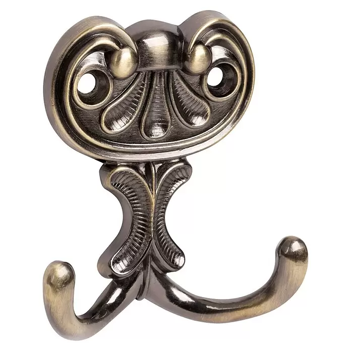 Walteco Garderobenhaken Bree II - L x B x H: 63 x 60 x 19 mm, Anzahl Haken: 2 Stk., Brüniert - Verzierter doppelter Garderobenhaken aus antikem Messing mit dekorativen Voluten.