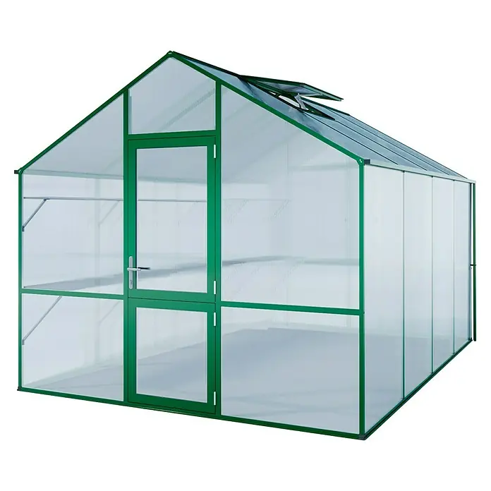 KGT Gewächshaus Lilie IV - Außenmaß inkl. Dachüberstand (B x T): 297 x 429 cm, 10 mm, Moosgrün - Das Bild zeigt ein Gewächshaus mit grünen Rahmen und transparenten Wänden, das für den Gartenbau und Pflanzenanbau konzipiert ist.