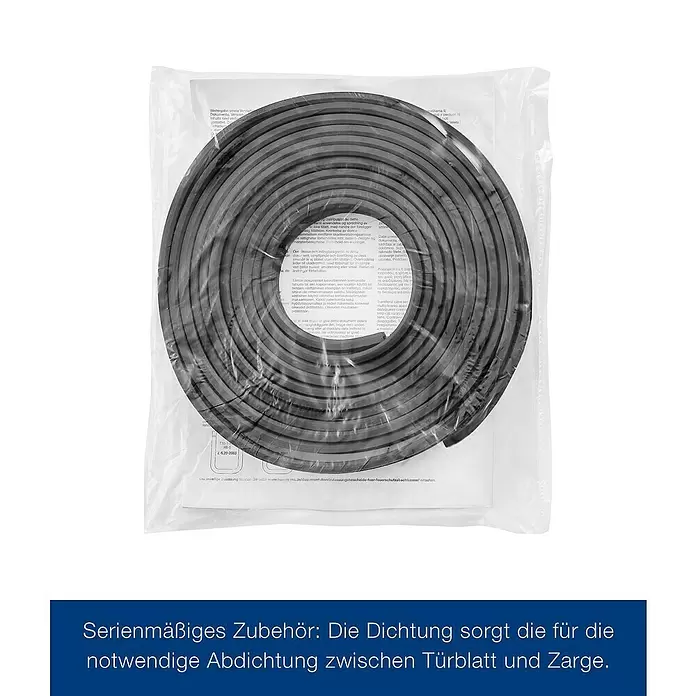 Hörmann Mehrzwecktür mit Lichtausschnitt - 87,5 x 200 cm, DIN Anschlag: Links/Rechts, Anthrazitgrau - Schwarze Türdichtung, aufgerollt in transparenter Verpackung, für die Abdichtung zwischen Türblatt und Zarge.