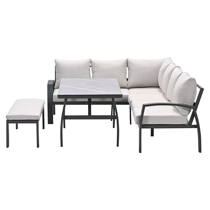 Garden Impressions Loungemöbel-Set Vasano - 4 -tlg., Aluminium, Keramik, Polyester, Links, Schwarz/Beige - Modernes Outdoor-Sitzset mit dunkelgrauem Metallrahmen und hellbeigen Kissen, bestehend aus einem Ecksofa, einem Tisch mit Marmorplatte und einem Hocker.