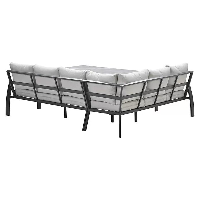 Garden Impressions Loungemöbel-Set Vasano - 4 -tlg., Aluminium, Keramik, Polyester, Links, Schwarz/Beige - Outdoor-Ecksofa mit dunkelgrauem Metallrahmen und hellbeigen Polstern, von hinten gesehen.