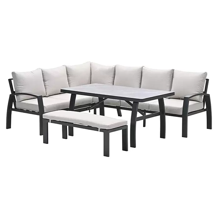 Garden Impressions Loungemöbel-Set Vasano - 4 -tlg., Aluminium, Keramik, Polyester, Links, Schwarz/Beige - Outdoor-Esstischgruppe mit dunkelgrauem Metallrahmen, hellen Polstern und grauer gemusterter Tischplatte, inklusive L-förmigem Sofa und Bank.