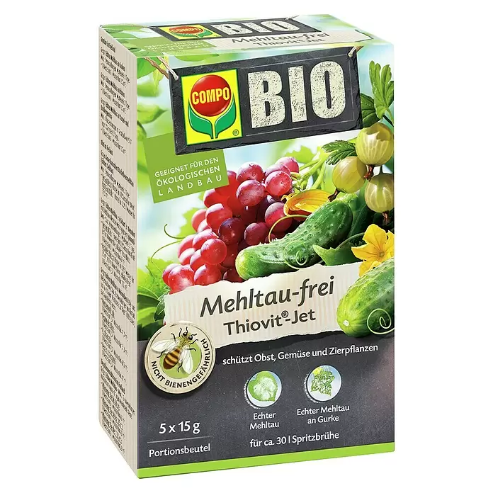 Compo Bio Mehltau-frei Thiovit Jet® - 75 g - COMPO Thiovit-Jet Bio Mehltau-frei, 5x15g Beutel. Fungizid für Obst, Gemüse & Zierpflanzen, nicht bienengefährlich.
