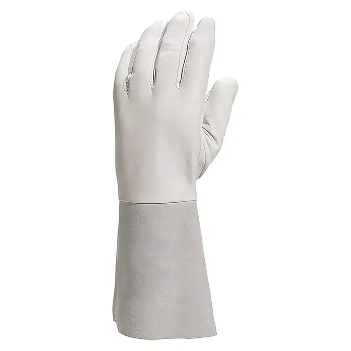 Gys Arbeitshandschuhe - Handschuhgröße: 10 - Das Bild zeigt einen grauen Handschuh mit Stulpe, der die gesamte Hand und einen Teil des Unterarms bedeckt und professionellen Schutz bietet.