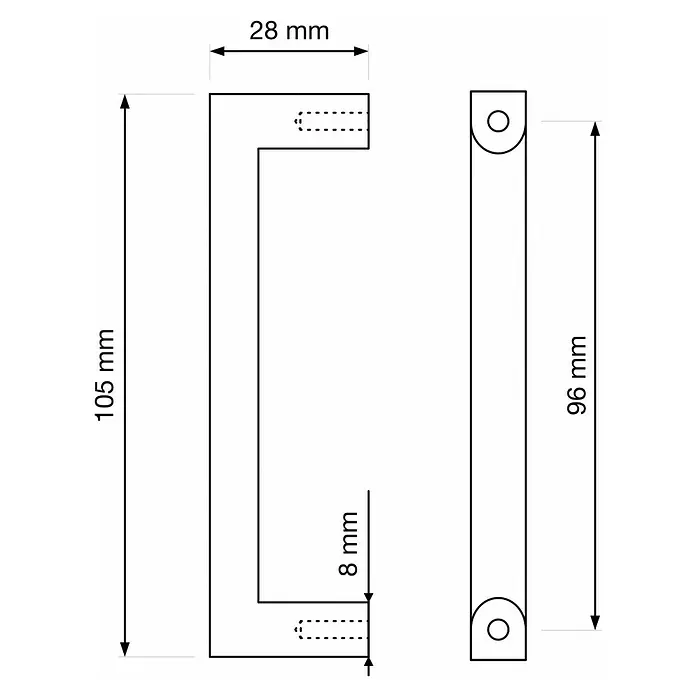 Walteco Möbelgriff Prisma - Lochabstand: 96 mm, Sonstige, Edelstahl-Optik - Technische Zeichnung eines L-förmigen Möbelgriffs mit Maßen.