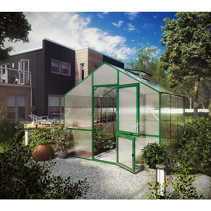 KGT Gewächshaus Lilie III - Außenmaß inkl. Dachüberstand (B x T): 297 x 323 cm, 10 mm, Moosgrün - Ein großes Gewächshaus mit grünem Rahmen steht im Garten, ideal für Pflanzenliebhaber. Es bietet viel Platz für Gemüse und Blumen.