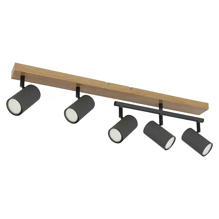 Globo Robby LED-Deckenleuchte - 35 W, L x B x H: 70 x 35 x 17 cm, Graphit, Holz - Schienenleuchte aus Holz mit fünf dunkelgrauen zylindrischen Strahlern.