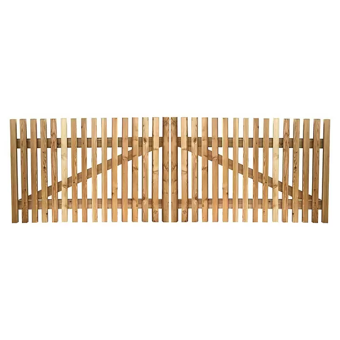Joda Zauntor B - 300 x 100 cm, Lärchefarben, Holz - Helles Holzzauntor mit vertikalen Latten und horizontalen/diagonalen Streben.