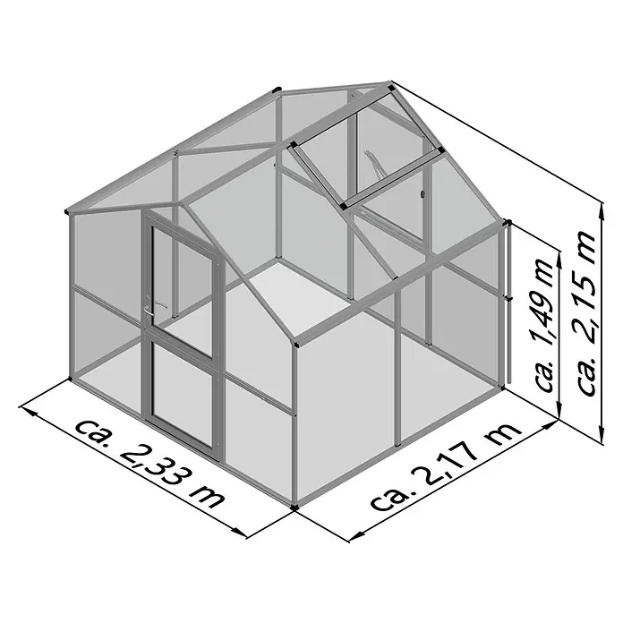 KGT Gewächshaus Rose II - Außenmaß inkl. Dachüberstand (B x T): 233 x 217 cm, 10 mm, Pressblank - Abbildung eines Gewächshauses mit Maßangaben.