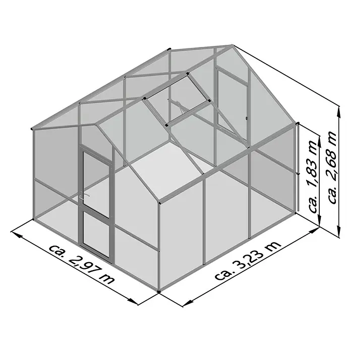 KGT Gewächshaus Lilie III - Außenmaß inkl. Dachüberstand (B x T): 297 x 323 cm, 10 mm, Moosgrün - Darstellung eines Gewächshauses mit den Maßen ca. 2,97 m x 3,23 m und einer Höhe von ca. 2,68 m.