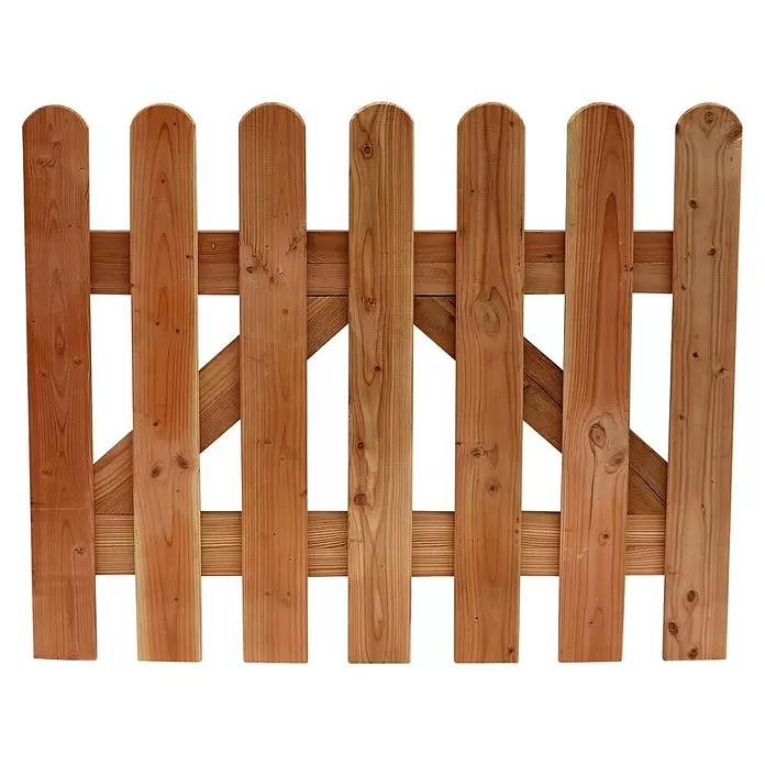 Joda Zauntor Flensburg - 100 x 80 cm, Holz - Hellbrauner Lattenzaun aus Holz mit abgerundeten Spitzen und einer diagonalen Strebe.