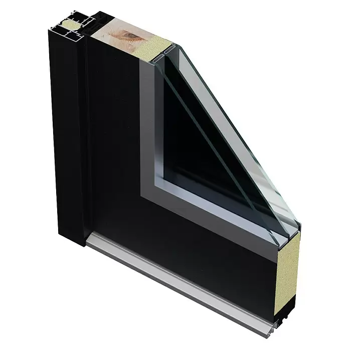FM Türen Haustür AS68-25 - 110 x 210 cm, DIN Anschlag: Links, Anthrazit - Schnittbild eines schwarzen Mehrschicht-Fensterrahmens aus Holz, Metall und Glas mit Wärmedämmung.