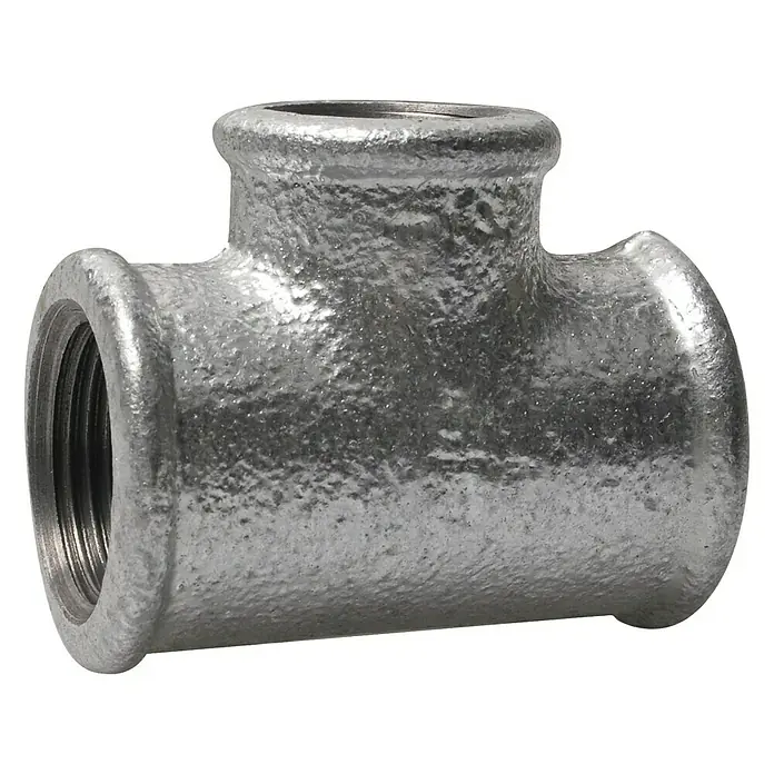 T-Stück - ½″/⅜″, Verzinkt - Abbildung eines T-Stück Fittings aus verzinktem Stahl, das in Sanitärinstallationen verwendet wird.