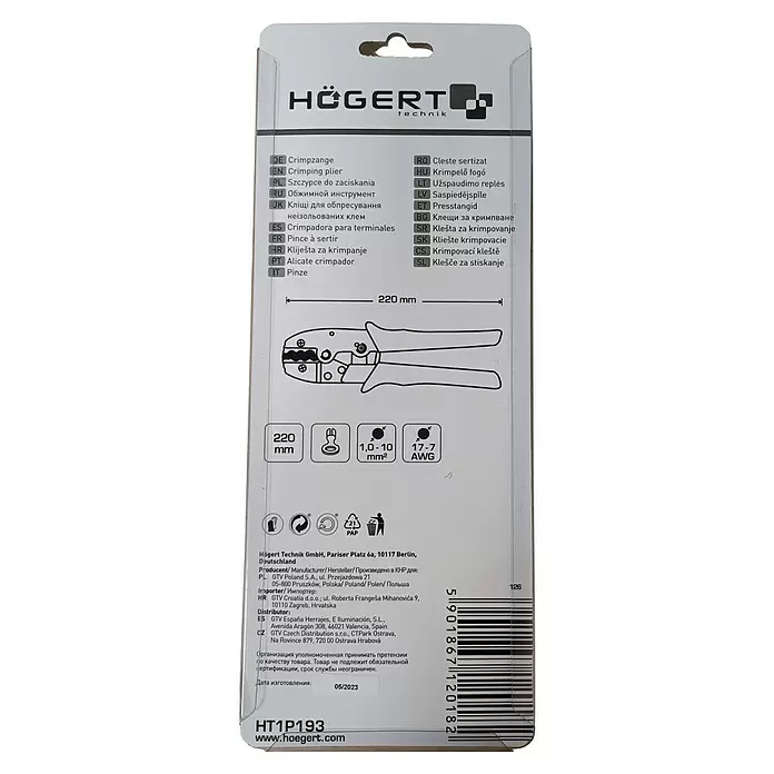 Crimpzange - Blau/Schwarz - Högert Technik Crimpzange in Verkaufsverpackung, zeigt 220mm Länge und Draht-Crimping-Kapazität.