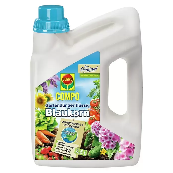 Compo Blaukorn flüssig - 2,5 l - Weiße COMPO Blaukorn Flüssigdünger-Flasche (2,5 L) mit blauem Deckel und farbenfrohem Etikett.