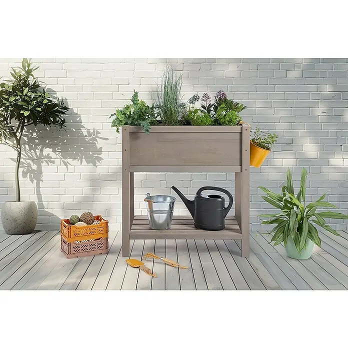 Sun Hochbeet Bloom 80 - 80 x 45 x 85 cm, Holz, Warmgrau - Ein grauer Hochbeet-Pflanztisch mit Pflanzen, Gießkanne und Gartengeräten auf einer Terrasse, ideal für kleine Gärten oder Balkone.