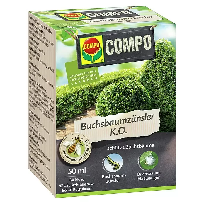 Compo Insektenschutzmittel Buchsbaumzünsler K.O. - 50 ml - Grüne und gelbe Schachtel COMPO Buchsbaumzünsler K.O., geeignet für ökologischen Landbau, schützt Buchsbäume vor Schädlingen.