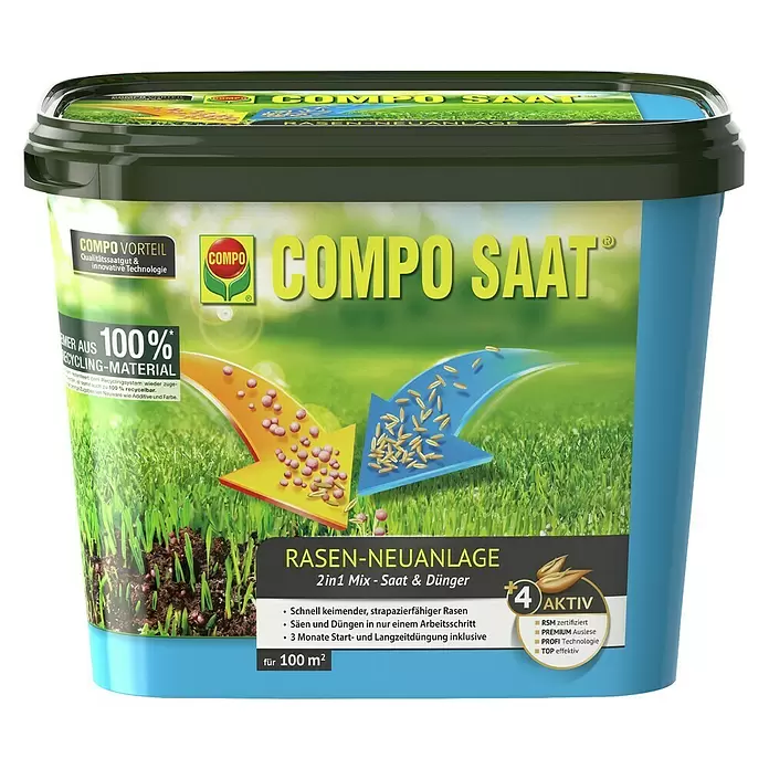 Compo Saat Rasensamen Rasenneuanlage Mix - 2,2 g, 100 m² - Blaue Wanne mit dunkelgrünem Deckel von Compo Saat 2in1 Rasensaat und Dünger für Neuanlagen.