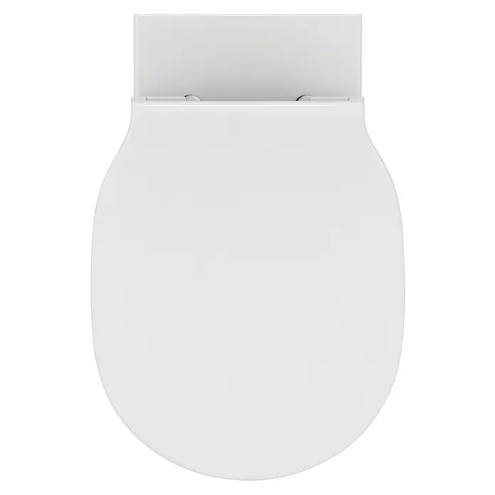 Ideal Standard Connect Air Wand-WC-Set AquaBlade - Spülrandlos, Ohne Spezialglasur, Spülform: Tief, WC Abgang: Waagerecht, Weiß - Draufsicht auf einen weißen Toilettensitz mit Deckel. Der Sitz ist oval und der Deckel rechteckig.