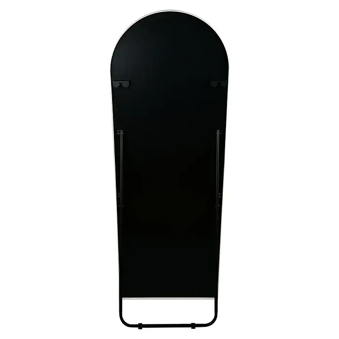 Standspiegel Mira - 57 x 160 cm, Weiß, Metall - Rückseite eines Spiegels mit silbernem Rahmen, der an der Wand befestigt werden kann und einen Ständer hat.
