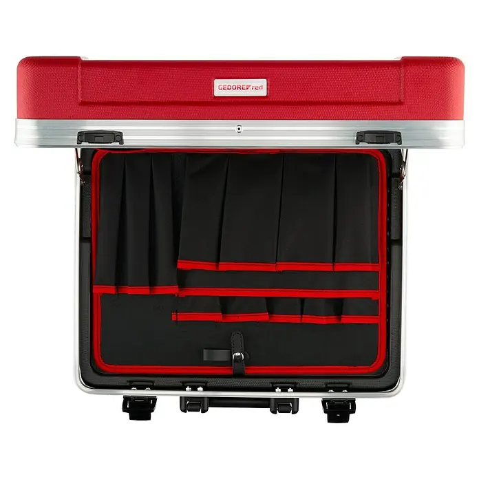 Gedore red Werkzeugkoffer - L x B x H: 180 x 445 x 380 mm, Kunststoff - Geöffnete rote Werkzeugkiste von Gedore Red mit schwarzen Fächern und roter Umrandung, ideal für die Werkzeugaufbewahrung.