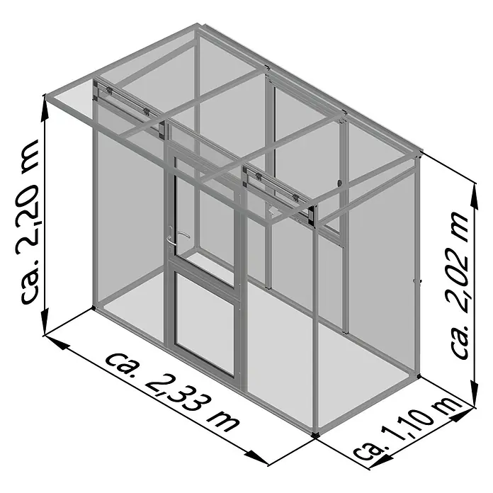 KGT Gewächshaus Linea I - Außenmaß inkl. Dachüberstand (B x T): 233 x 210 cm, 10 mm, Pressblank - Draufsicht auf ein Gewächshaus mit den Maßen ca. 2,33 m x 1,10 m x 2,20 m x 2,02 m.