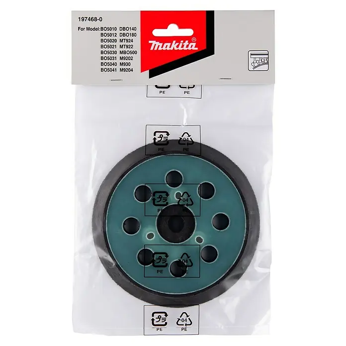Makita Schleifteller 197468-0 - Durchmesser: 125 mm - Makita Schleifteller 197468-0 für verschiedene Modelle, inklusive BO5010 und DBO140, verpackt in einer transparenten Kunststoffverpackung.