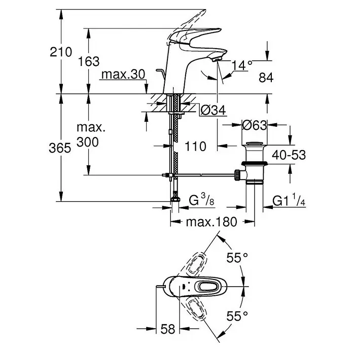 Grohe Eurostyle Waschtischarmatur S-Size - Chrom, Glänzend, Mit Zugstange - Technische Zeichnung einer Armatur mit allen Maßen, wie Höhe, Durchmesser und Anschlussgrößen.