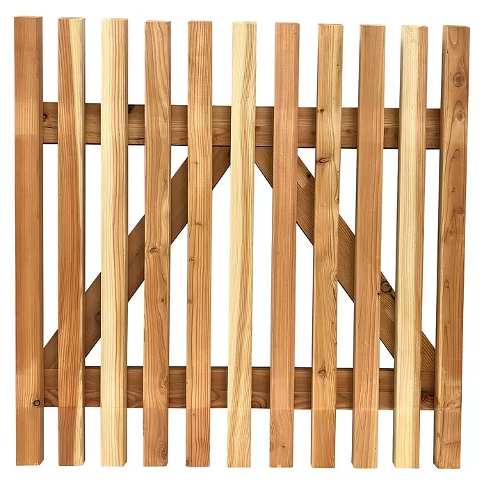 Joda Zauntor B - 100 x 100 cm, Lärchefarben, Holz - Helles Holztor mit vertikalen Latten und diagonalen Stützstreben.