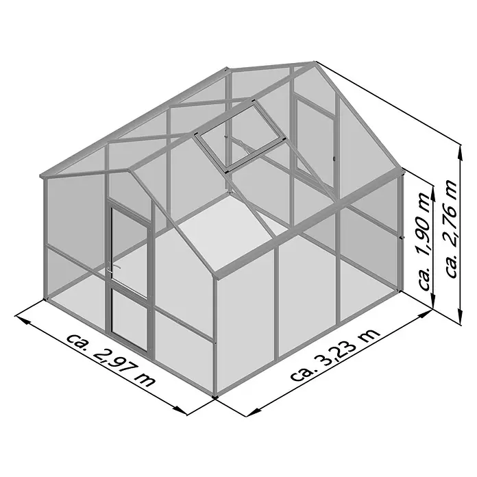 KGT Gewächshaus Dahlie III - Außenmaß inkl. Dachüberstand (B x T): 297 x 323 cm, Material Seitenwand: Kunststoff, 16 mm, Anthrazit-grau - Großes Gewächshaus mit transparenten Platten und silbernem Rahmen, Maße: ca. 2,97m L, 3,23m B, 1,90m Traufhöhe, 2,76m Firsthöhe.