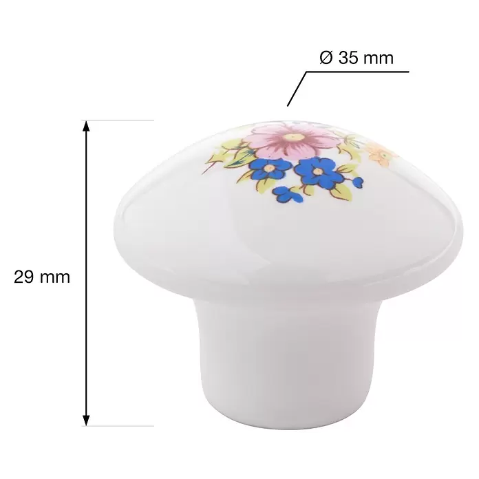 Walteco Möbelknopf Blumen I - Durchmesser: 35 mm, Porzellan, Weiß - Weißer Keramikgriff mit Blumenmuster, Ø 35 mm, H 29 mm.