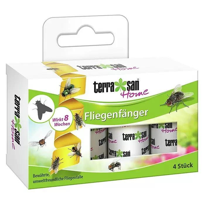 Terrasan Fliegenfänger - 4 Stk. - Weiße Box terra san Home Fliegenfänger. Die Verpackung zeigt Fliegen und gelbe Klebefallen, 4 Stück, wirksam für 8 Wochen.