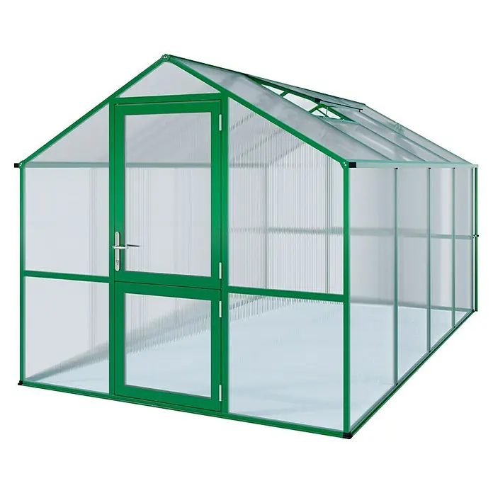 KGT Gewächshaus Rose IV - Außenmaß inkl. Dachüberstand (B x T): 233 x 429 cm, 10 mm, Moosgrün - Abbildung eines Gewächshauses mit grünen Rahmen und durchsichtigen Paneelen, ideal für den Garten.