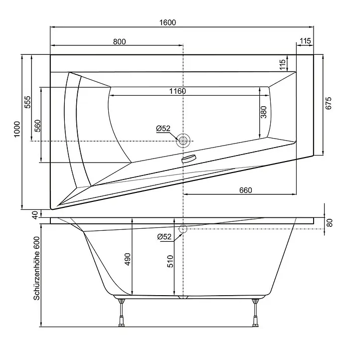 Ottofond Raumsparbadewanne Cebu 1 B - 160 x 100 cm, Sanitäracryl, Weiß, Links - Technische Zeichnung einer Badewanne mit Maßen, die die Abmessungen und Details des Designs zeigt.