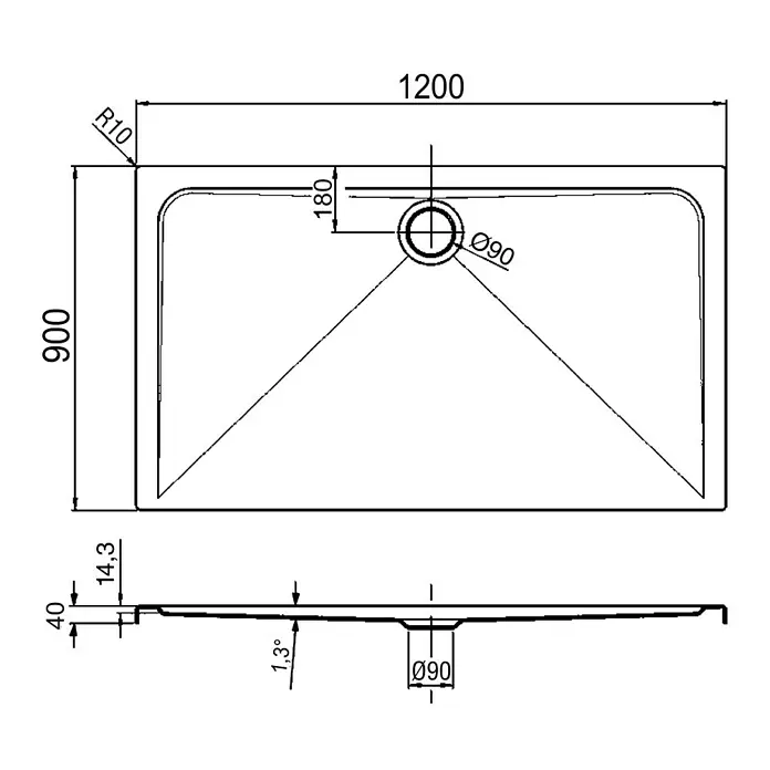 Ottofond Duschwanne Coco-R - L x B: 120 x 90 cm, Kunststoff, Weiß - Technische Zeichnung einer Duschwanne mit den Maßen 1200x900 mm und einem Durchmesser des Ablaufs von 90 mm.