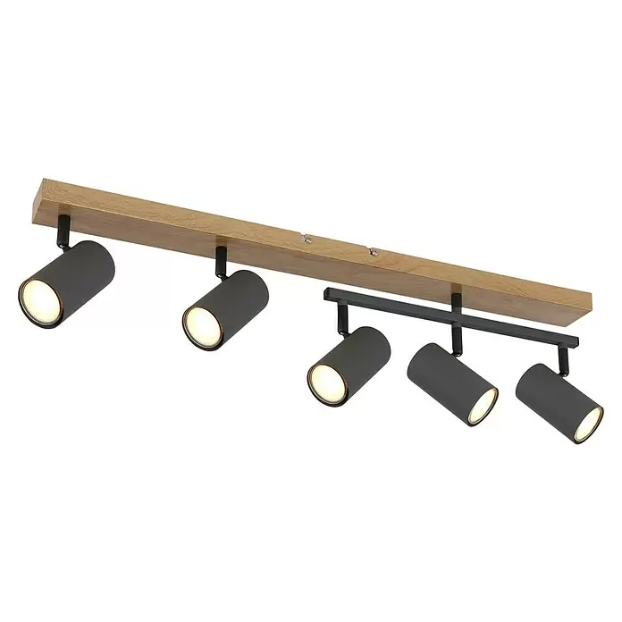 Globo Robby LED-Deckenleuchte - 35 W, L x B x H: 70 x 35 x 17 cm, Graphit, Holz - Holz-Stromschienenleuchte mit dunkelgrauen, beleuchteten zylindrischen Strahlern.